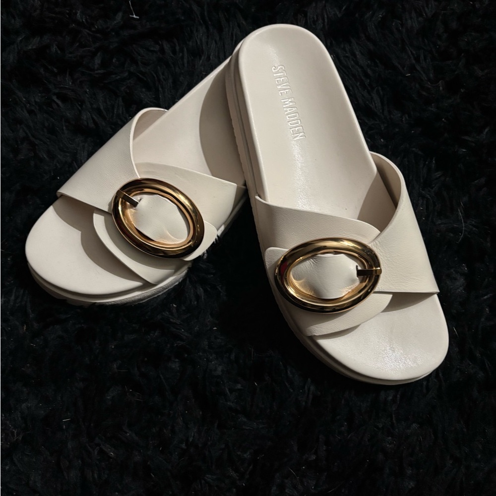 Steve Madden Cream Slide Sandals with Gold Buckle